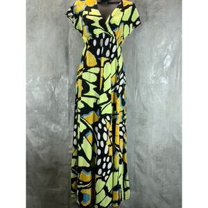 24SEVEN Comfort Apparel Women's Green Print Butterfly V-Neck Cap Sleeve Dress